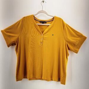 Tommy Hilfiger Plus Size 2X Mustard Yellow Ribbed Henley Tee Shirt Short Sleeve